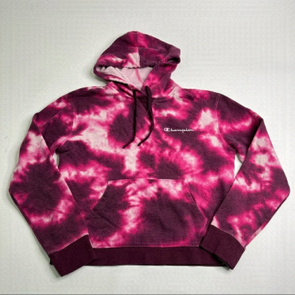 𝅺CHAMPION Pink & White Burgundy Tie Dye Trendy Cozy Pouch Hoodie Sweatshirt